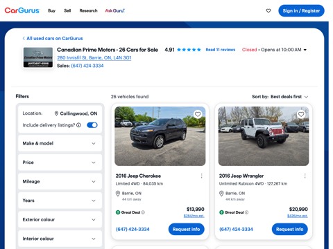 Screenshot of the Canadian Prime Motors homepage, www.cargurus.ca/Cars/m-Canadian-Prime-Motors-sp441578, captured 2026-08-19, shown as the evidence for this review
