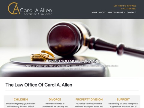 Screenshot of the Carol Allen Barrister homepage, carolallenlaw.ca, captured 2026-08-19, shown as the evidence for this review