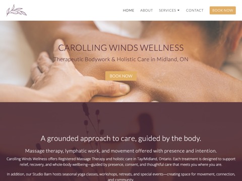 Screenshot of the Carolling Winds Wellness homepage, carollingwinds.com:443, captured 2026-08-19, shown as the evidence for this review