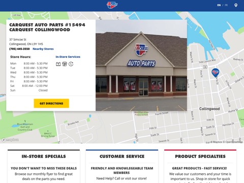 Screenshot of the Carquest Auto Parts - Carquest Collingwood homepage, www.carquest.com/stores/on/collingwood/15494?utm_medium=local&utm_source=yext-gmb&utm_content=gmb-2019-01-23&utm_campaign=cq-ind, captured 2026-08-19, shown as the evidence for this review