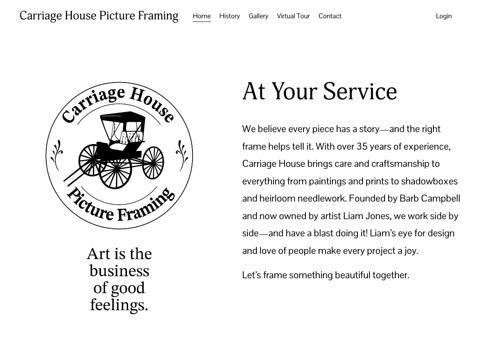 Screenshot of the Carriage House Picture Framing Shop website