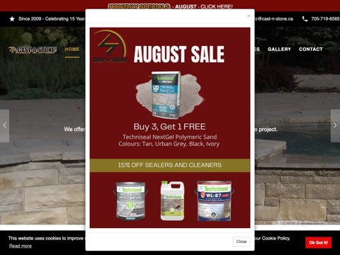 Screenshot of the CAST-n-STONE Inc homepage at www.cast-n-stone.ca, captured 2026-08-13, shown as the evidence for the review on this page