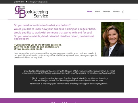 Screenshot of the Cathy Jaques Bookkeeping Service homepage, cathyjaques.ca, captured 2026-08-19, shown as the evidence for this review