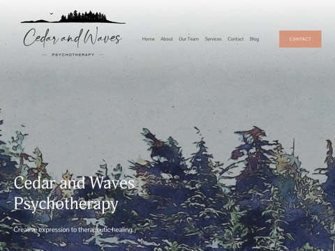 Screenshot of the Cedar and Waves Psychotherapy homepage, www.cedarandwaves.ca, captured 2026-08-19, shown as the evidence for this review
