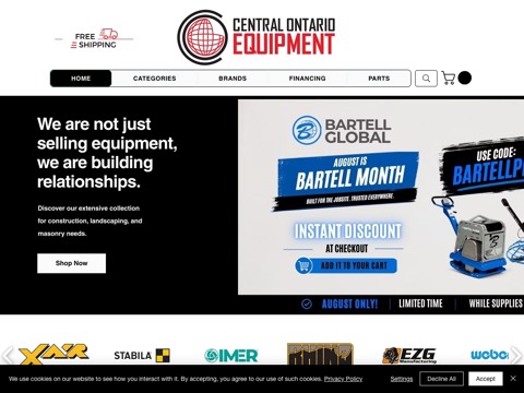 Screenshot of the Central Ontario Equipment Inc homepage, www.centralontarioequipment.ca, captured 2026-08-13, shown as the evidence for this review