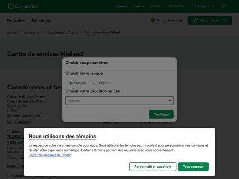 Screenshot of the Centre de services Desjardins Midland homepage at www.desjardins.com/fr/nous-trouver/caisse-desjardins-ontario/midland.html?utm_campaign=vanity-url&utm_medium=vanity&utm_source=desjardins&utm_term=82900901-83423, captured 2026-08-19, shown as the evidence for the review on this page