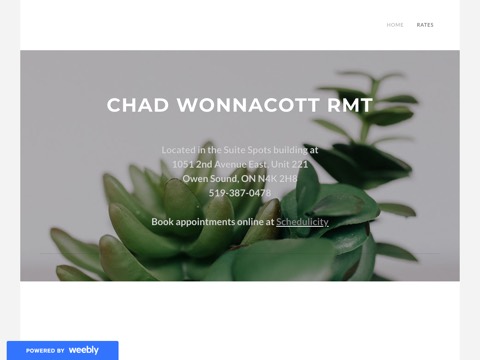 Screenshot of the CHAD WONNACOTT RMT homepage, www.chadwonnacottrmt.ca, captured 2026-08-19, shown as the evidence for this review