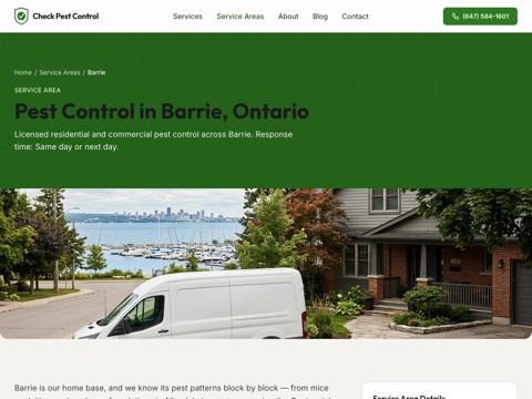 Screenshot of the Check Pest Control Barrie homepage, checkpestcontrol.com/areas/barrie, captured 2026-08-19, shown as the evidence for this review