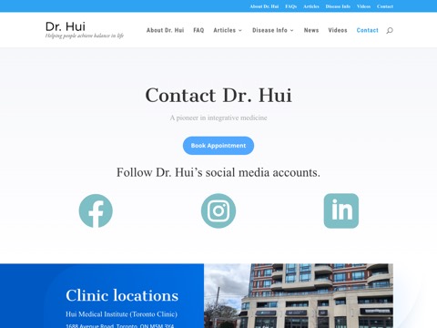 Screenshot of the Chelation Centre Barrie homepage, drhui.com/contact-dr-hui, captured 2026-08-19, shown as the evidence for this review