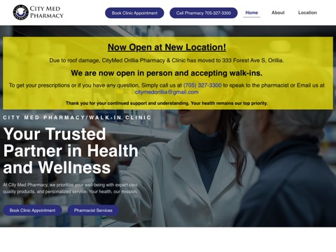 Screenshot of the City Med Walk-in Clinic & Pharmacy homepage, citymedorillia.com, captured 2026-08-19, shown as the evidence for this review