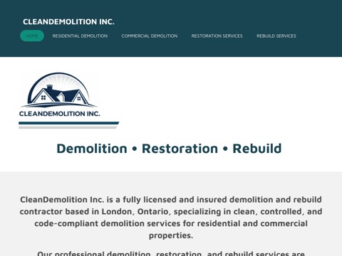 Screenshot of the CleanDemolition Inc. homepage, www.cleandemolition.ca, captured 2026-08-13, shown as the evidence for this review