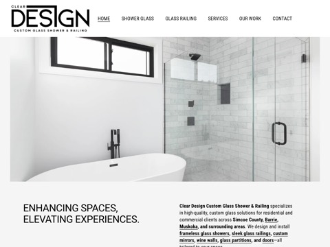 Screenshot of the Clear Design Custom Glass Shower & Railing homepage, www.cleardesignglass.ca, captured 2026-08-19, shown as the evidence for this review