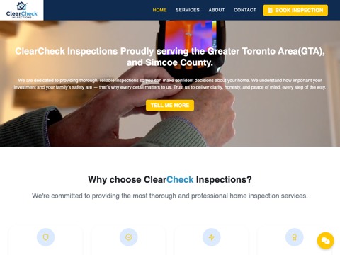 Screenshot of the ClearCheck Inspections homepage, www.clearcheck.ca, captured 2026-08-19, shown as the evidence for this review