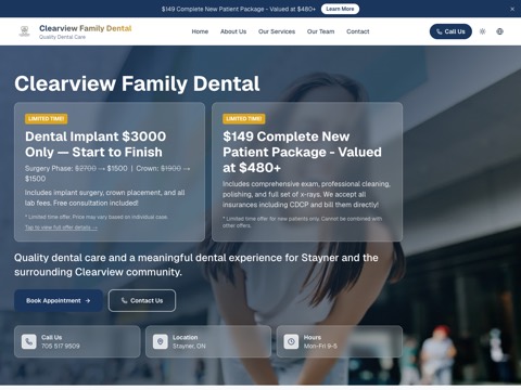 Screenshot of the Clearview Family Dental website