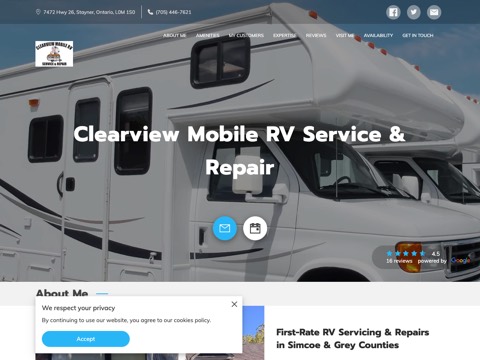 Screenshot of the Clearview Mobile RV Service And Repair homepage, clearview-mobile-rv-service-and-repair.ueniweb.com/?utm_campaign=gmb, captured 2026-08-19, shown as the evidence for this review