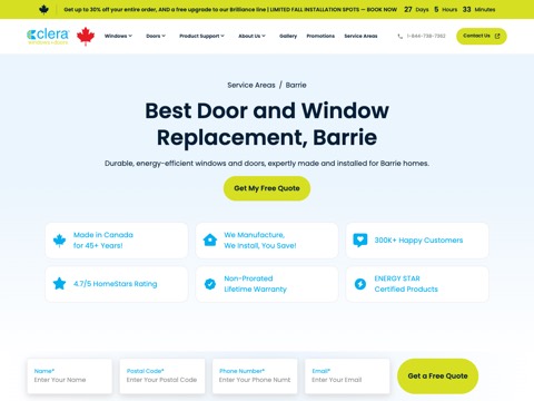 Screenshot of the Clera Windows + Doors Barrie website