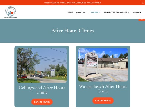 Screenshot of the Collingwood After Hours Medical Clinic homepage, southgeorgianbayoht.ca/after-hours-clinics, captured 2026-08-19, shown as the evidence for this review