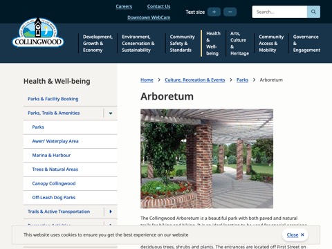 Screenshot of the Collingwood Arboretum website