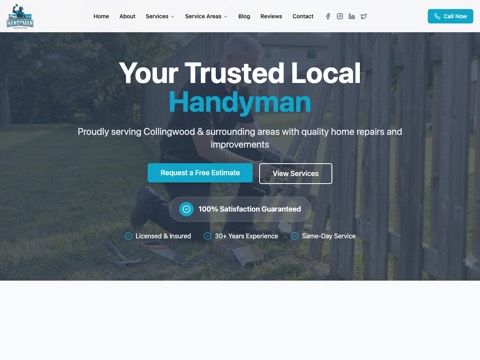 Screenshot of the Collingwood Handyman homepage, collingwoodhandyman.ca, captured 2026-08-19, shown as the evidence for this review