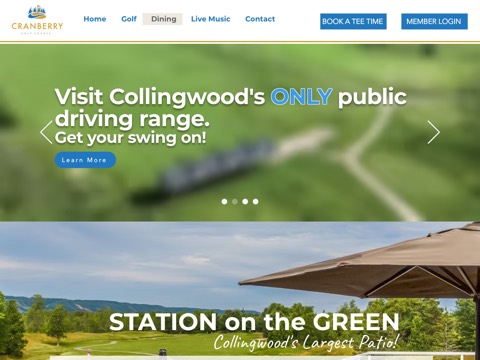 Screenshot of the Collingwood Station on the Green homepage, www.golfcranberry.com/dining, captured 2026-08-19, shown as the evidence for this review