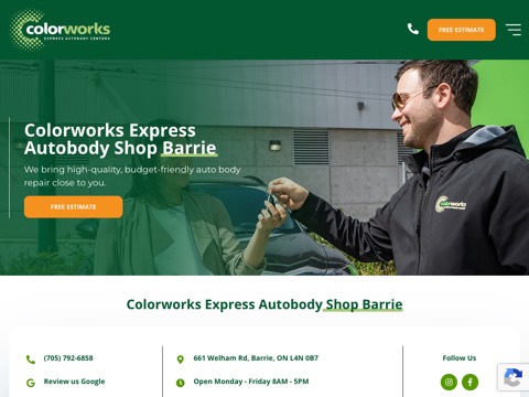Screenshot of the Colorworks Express Autobody Barrie homepage, colorworks.ca/auto-body-shop-barrie, captured 2026-08-19, shown as the evidence for this review