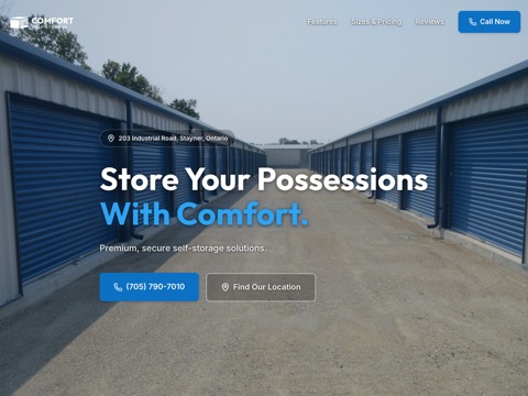 Screenshot of the Comfort Self Storage homepage, www.comfortselfstorage.ca, captured 2026-08-19, shown as the evidence for this review