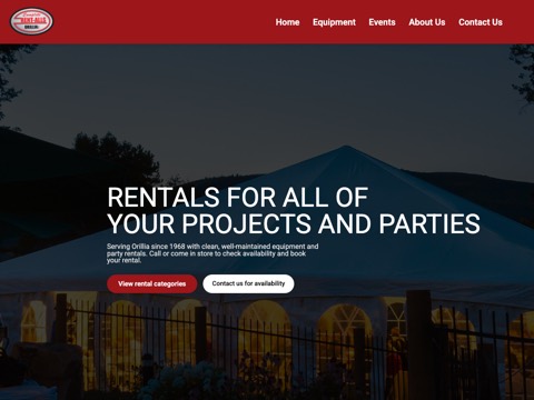 Screenshot of the Complete Rent-Alls (Orillia) Inc homepage, www.completerentallsorillia.com, captured 2026-08-13, shown as the evidence for this review