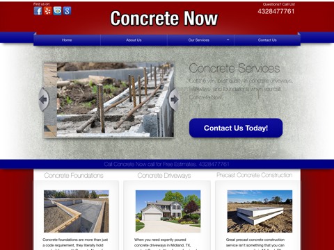 Screenshot of the Concrete Now! homepage, www.concretemidland.com, captured 2026-08-13, shown as the evidence for this review