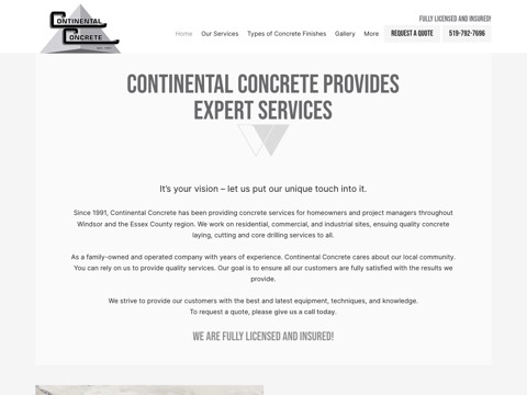 Screenshot of the Continental Concrete Inc homepage, www.continentalconcrete.ca, captured 2026-08-13, shown as the evidence for this review