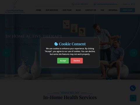 Screenshot of the Core Physical Care - In-home/on-location physiotherapy in Mississauga,Toronto homepage, corephysicalcare.ca, captured 2026-08-13, shown as the evidence for this review