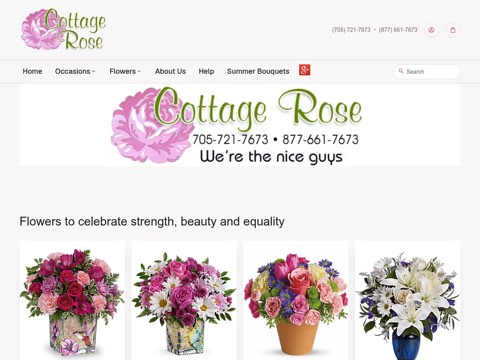 Screenshot of the Cottage Rose homepage, www.cottageroseflowers.ca, captured 2026-08-13, shown as the evidence for this review