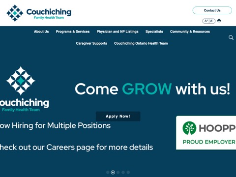 Screenshot of the Couchiching Medical Centre homepage at www.cfht.ca, captured 2026-08-19, shown as the evidence for the review on this page