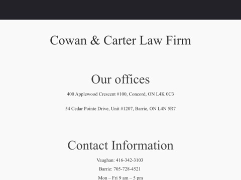 Screenshot of the Cowan & Carter - Barrie homepage, www.cowanandcarter.com, captured 2026-08-19, shown as the evidence for this review