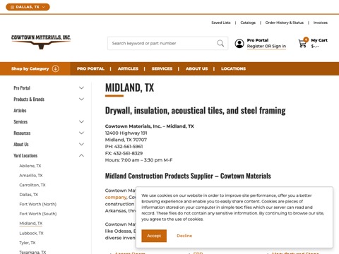 Screenshot of the Cowtown Materials website