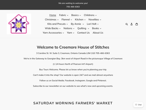 Screenshot of the Creemore House Of Stitches Quilt and Yarn Shop homepage at creemorequiltsandyarns.ca, captured 2026-08-13, shown as the evidence for the review on this page