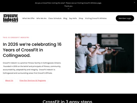 Screenshot of the CrossFit Indestri homepage, www.indestri.com, captured 2026-08-19, shown as the evidence for this review
