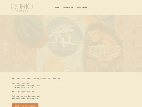 Screenshot of the CURIO Vintage homepage at www.curiovintage.ca, captured 2026-08-19, shown as the evidence for the review on this page