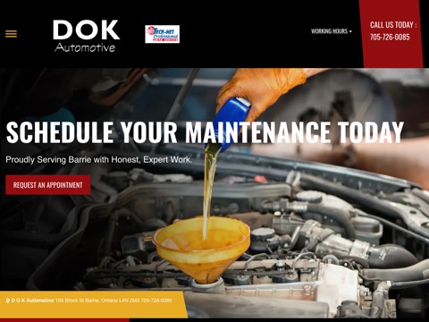 Screenshot of the D O K Automotive homepage, www.dokautomotive.com, captured 2026-08-19, shown as the evidence for this review