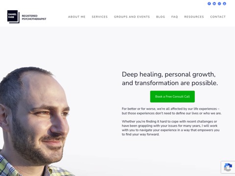 Screenshot of the Daniel Farb Psychotherapy Services | Relational Trauma, Depression, and Anxiety Therapy homepage, danielfarb.com, captured 2026-08-19, shown as the evidence for this review