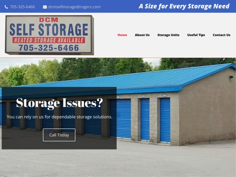 Screenshot of the DCM Self Storage homepage, www.dcmselfstorage.com, captured 2026-08-19, shown as the evidence for this review