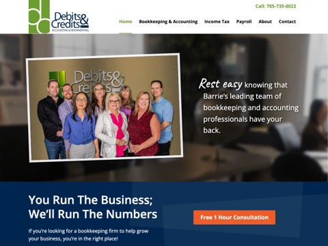 Screenshot of the Debits & Credits Accounting and Bookkeeping homepage, www.debitscredits.com, captured 2026-08-19, shown as the evidence for this review