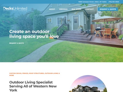 Screenshot of the Decks Unlimited Construction homepage, www.decksunlimitedconstruction.com, captured 2026-08-13, shown as the evidence for this review