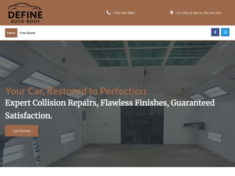 Screenshot of the Define Auto Body & Collision Centre homepage, www.defineautobody.ca, captured 2026-08-19, shown as the evidence for this review