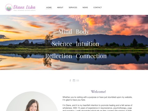Screenshot of the Diane Liska, Yoga-Informed Psychotherapy homepage, www.dianeliska.com, captured 2026-08-19, shown as the evidence for this review