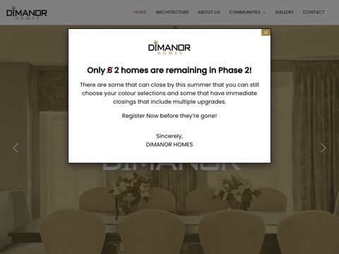 Screenshot of the Dimanor Homes homepage, dimanorhomes.ca, captured 2026-08-19, shown as the evidence for this review