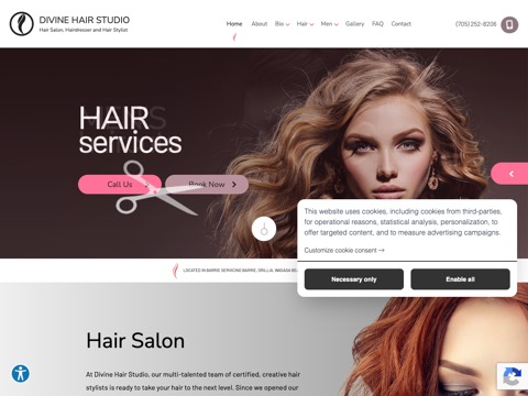 Screenshot of the Divine Hair Studio homepage, divinehairstudioon.ca, captured 2026-08-19, shown as the evidence for this review