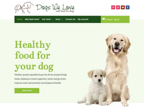 Screenshot of the Dogs We Love Inc homepage, www.dogswelove.com, captured 2026-08-19, shown as the evidence for this review