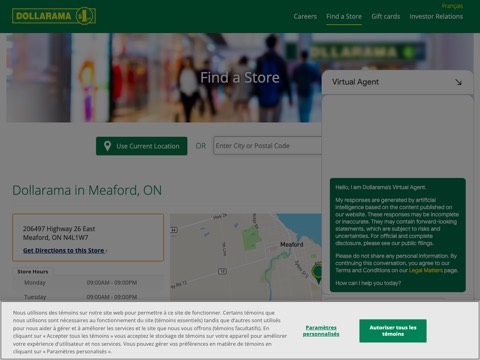 Screenshot of the Dollarama homepage at www.dollarama.com/en-CA/locations/on/meaford-206497-highway-26-east?utm_source=G&utm_medium=LPM&utm_campaign=Dollarama, captured 2026-08-19, shown as the evidence for the review on this page