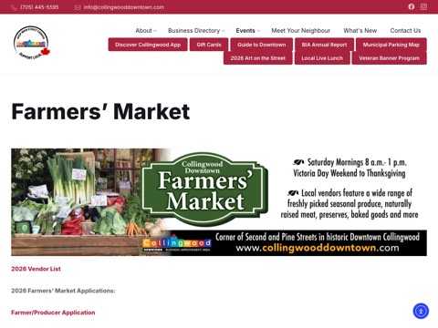 Screenshot of the Downtown Collingwood Farmers' Market website