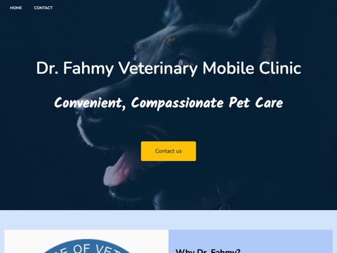 Screenshot of the Dr. Fahmy veterinary Mobile clinic homepage, drfahmyvetmobileclinic.com, captured 2026-08-19, shown as the evidence for this review